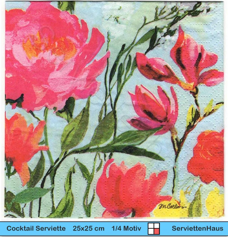 Rosa Blumen auf blau - 1 Cocktail Serviette